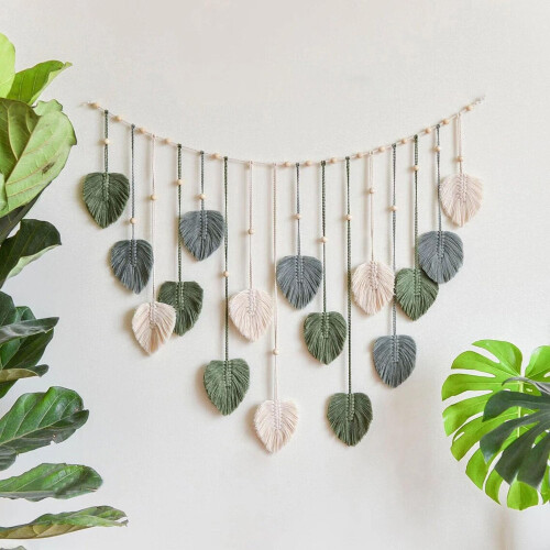 Macrame Leaf-Feather Wall Hanging Tapestry, Cotton, 29.5 x