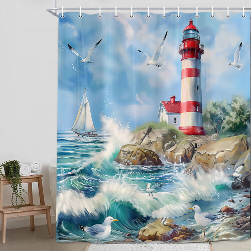 Lighthouse Shower Curtain - Ocean Wave Design, 60 x 72 in