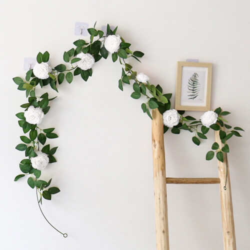 White Artificial Rose Garland with Ivy – 6.5ft Silk
