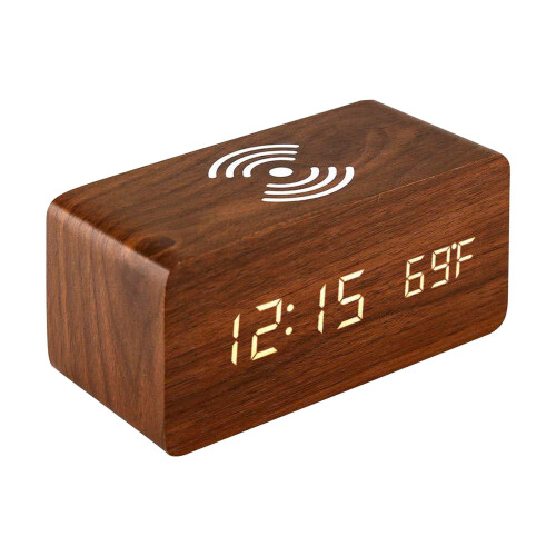 Wooden Digital Alarm Clock with Wireless Charging & Temp