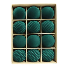 Flocked Christmas Ball Ornaments, Red & Green, 12 pcs