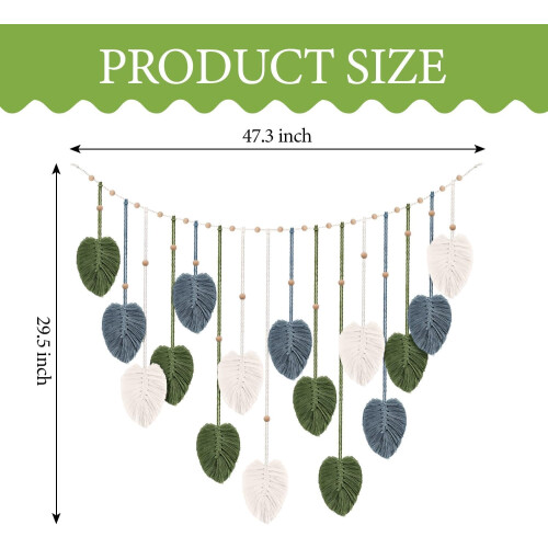 Macrame Leaf-Feather Wall Hanging Tapestry, Cotton, 29.5 x 1