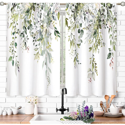 Sage Green Leaf Kitchen Curtains 26x24 in (Pair) 1