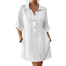 Women's Long-Sleeved Cotton Linen Length Shirt Top-White S
