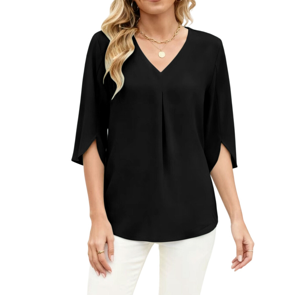 Black Summer Women's Chiffon Blouse With V-Neck, Casual And- S