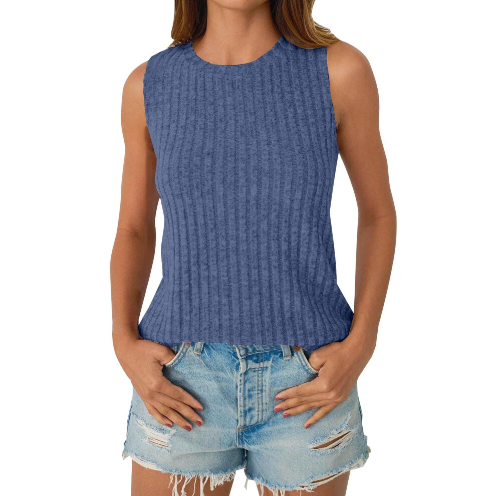 Blue Women's Sleeveless Camisole Shirt, Spring V-Neck Loose- Xl