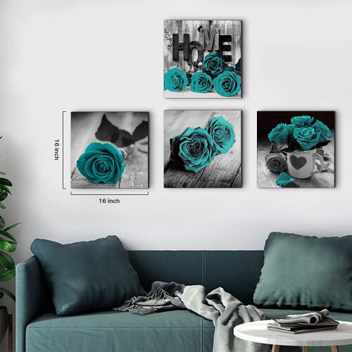 Ensemble de 4 toiles décoratives « Rose turquoise », 40 x 40 cm 1