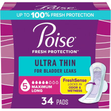 Poise Ultra Thin Incontinence & Postpartum Pads with Wings for Bladder Leaks, 5 Drop Maximum Absorbency, 34 Count, Packaging May Vary (Long Length)