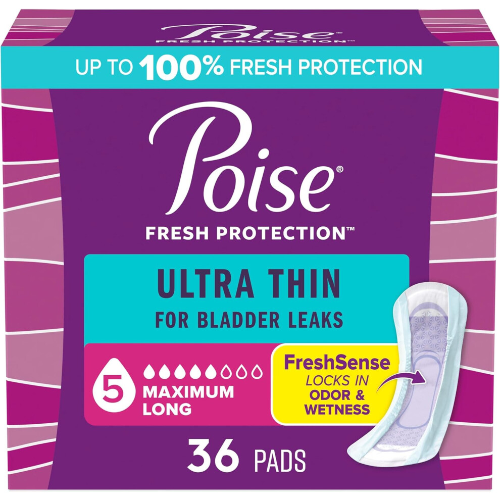 Poise Ultra Thin Incontinence Pads & Postpartum Pads For Bladder Leaks, 5 Drop Maximum Absorbency, 36 Count, Packaging May Vary (Long Length)