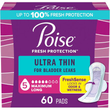 Poise Ultra Thin Incontinence & Postpartum Pads with Wings for Bladder Leaks, 5 Drop Maximum Absorbency, 60 Count, Packaging May Vary (Long Length)