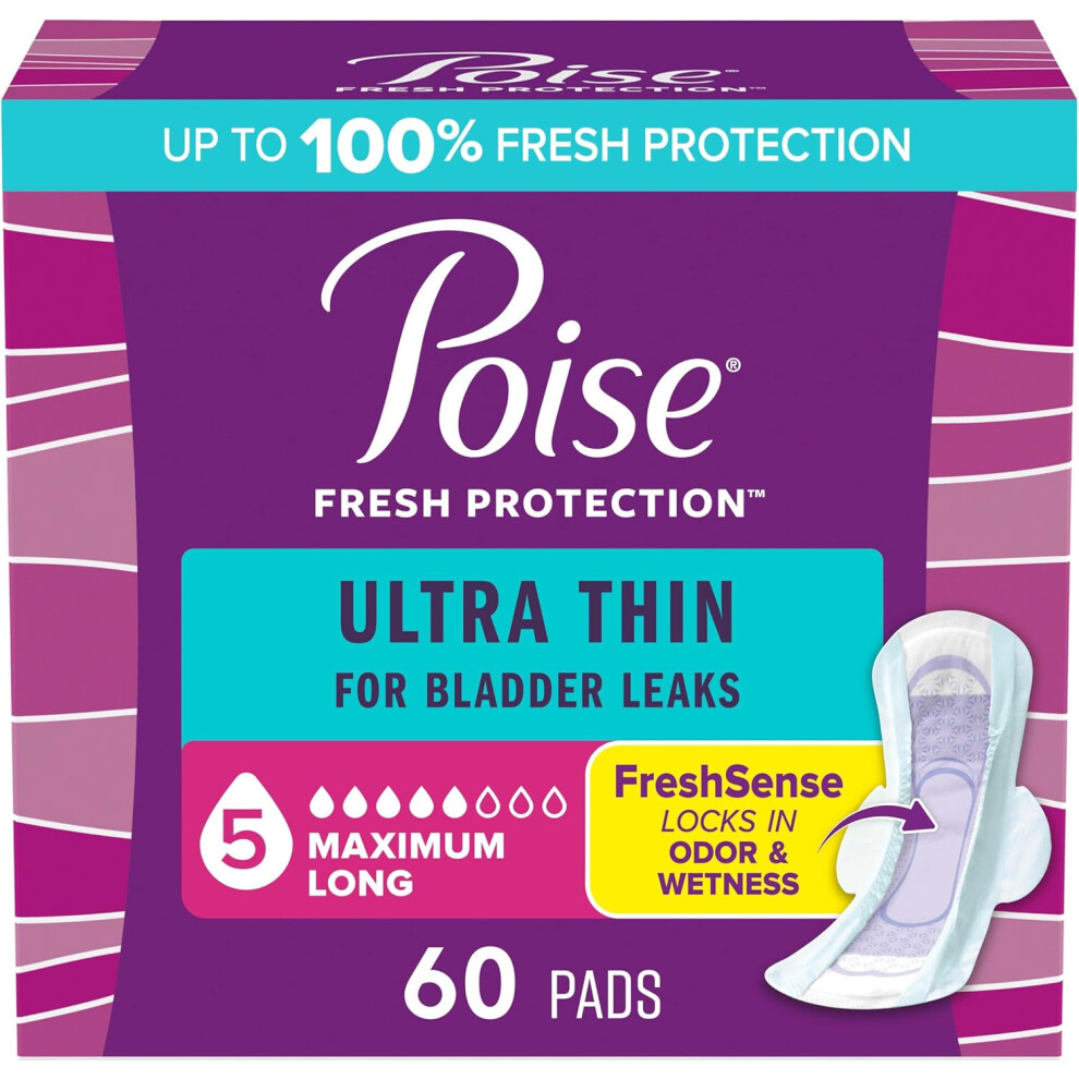 Poise Ultra Thin Incontinence & Postpartum Pads With Wings For Bladder Leaks, 5 Drop Maximum Absorbency, 60 Count, Packaging May Vary (Long Length)