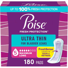 Poise Ultra Thin Incontinence Pads & Postpartum Pads for Bladder Leaks, 5 Drop Maximum Absorbency, 180 Count, Packaging May Vary (Long Length)