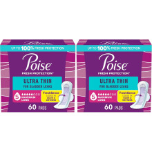 Poise Ultra Thin Incontinence & Postpartum Pads with Wings for Bladder Leaks, Absorbency, Packaging May Vary, 60 Count (Pack of 2) (Long Length)