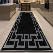 (80x300cm (Long Runner), Nico Black) Anti Slip Geometric Short Pile Rug with Rubber Backing - Non Slip Modern Area Carpet