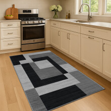 (80x150cm (Runner Rug), Milo Black Grey) Anti Slip Geometric Short Pile Rug with Rubber Backing - Non Slip Modern Area Carpet