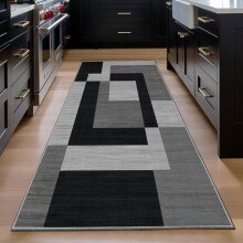 (60x220cm (Runner Rug), Milo Black Grey) Anti Slip Geometric Short Pile Rug with Rubber Backing - Non Slip Modern Area Carpet
