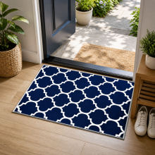 (60x110cm (Bedside Rug), Ava Navy) Anti Slip Geometric Short Pile Rug with Rubber Backing - Non Slip Modern Area Carpet