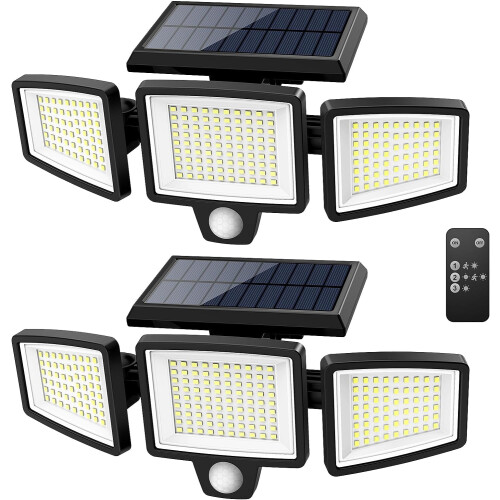 Luminária de segurança solar externa com 210 LEDs, 2500 lúmens e 3 cabeças.