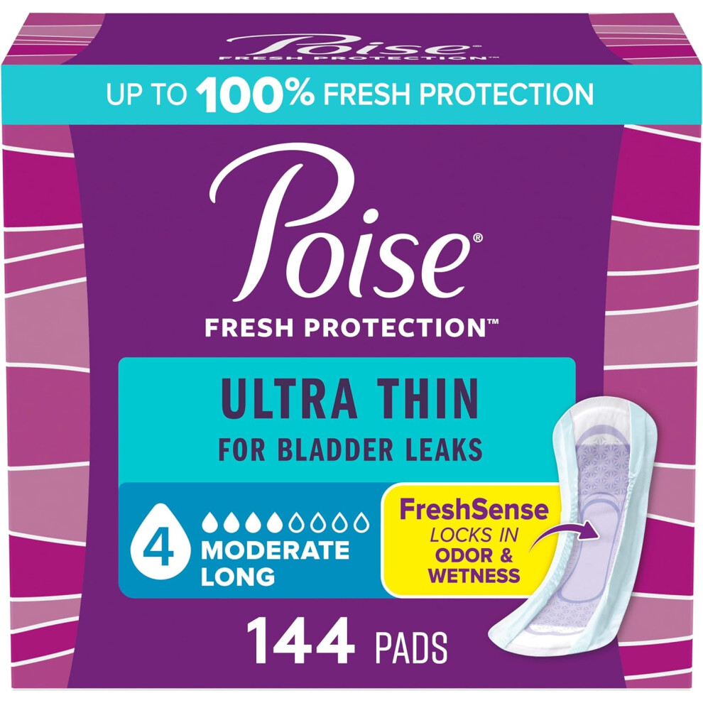 Poise Ultra Thin Incontinence Pads & Postpartum Pads For Bladder Leaks, 4 Drop Moderate Absorbency, 144 Count, Packaging May Vary (Long Length)