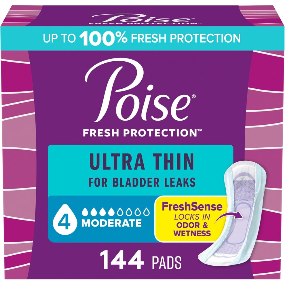 Poise Ultra Thin Incontinence Pads & Postpartum Pads For Bladder Leaks, 4 Drop Moderate Absorbency, 144 Count, Packaging May Vary (Regular Length)