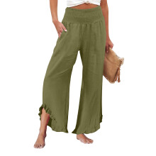 Women's linen wide-leg trousers with pleats,-Army Green XXXL