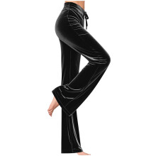 Womens Wide Leg Velure Pants Solid Color Elastic Waist-Black L