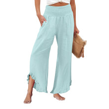 Women's linen wide-leg trousers with pleats, ruffled-blue L