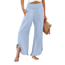 Women's linen wide-leg trousers with pleats,-Sky Blue XXXL