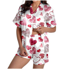 Women's Valentine's Day Pajama Set: Satin Heart-white red XL