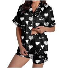 Women's Valentine's Day Pajama Set: Satin Heart Print-Black M