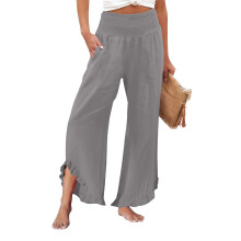 Women's linen wide-leg trousers with pleats,-Light Gray XXL