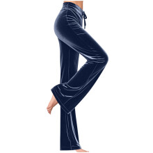 Womens Wide Leg Velure Pants Solid Color Elastic-Navy Blue XL