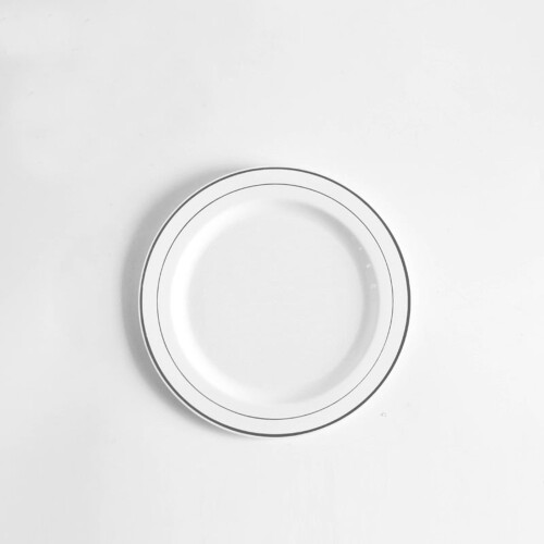 10 Pack White Plastic Dinner Plates with Silver Rim