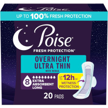 Poise Overnight Ultra Thin Incontinence & Postpartum Pads with Wings for Bladder Leaks, 8 Drop Extra Absorbent, 20 Count (Long Length)