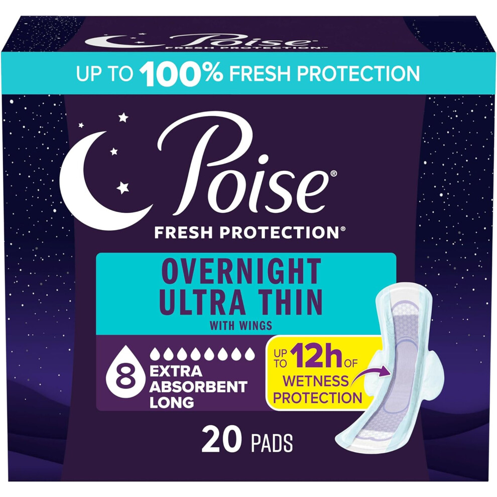 Poise Overnight Ultra Thin Incontinence & Postpartum Pads With Wings For Bladder Leaks, 8 Drop Extra Absorbent, 20 Count (Long Length)