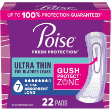 Poise Ultra Thin Incontinence & Postpartum Pads for Bladder Leaks, 7 Drop Ultra Absorbency, Long 15.9in, 22 Count (Packaging May Vary) (Long Length)