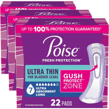 Poise Ultra Thin Incontinence & Postpartum Pads for Bladder Leaks, 7 Drop Ultra Absorbency, 22 Count (Packaging May Vary) (Pack of 3) (Long Length)