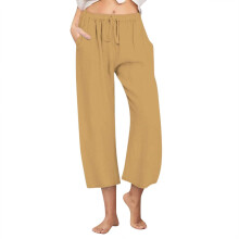 Women's cotton and linen wide-leg pants with drawstring-Khaki S
