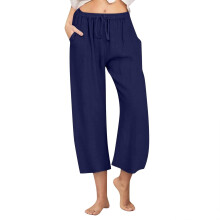 Women's cotton and linen wide-leg pants with drawstring-Blue XL