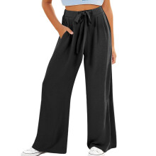 Women's cotton and linen wide-leg pants with-Black XXL