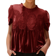 Women's Lace Blouse Casual Round Neck Short Sleeve Flared-Red S