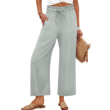Women's cotton and linen wide-leg pants with drawstring-Gray XL