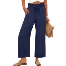 Women's cotton and linen wide-leg pants with-Navy Blue M