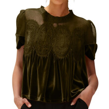 Women's Lace Blouse Casual Round Neck Short-Army Green XXL