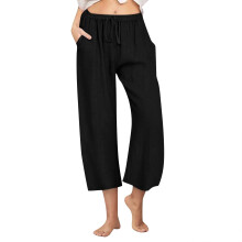 Women's cotton and linen wide-leg pants with-Black XL