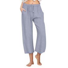 Women's cotton and linen wide-leg pants with-Light Blue XL