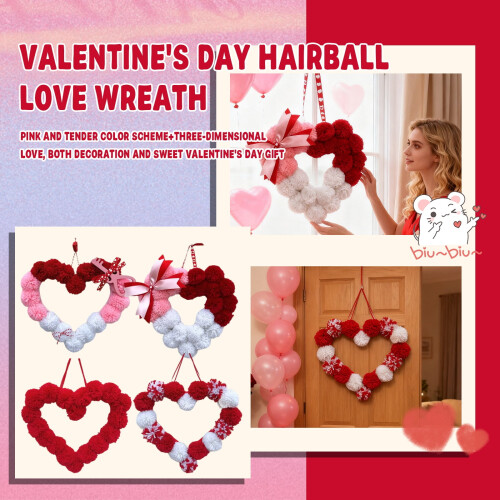 Heart-Shaped Pom-Pom Wreath Red Pink White