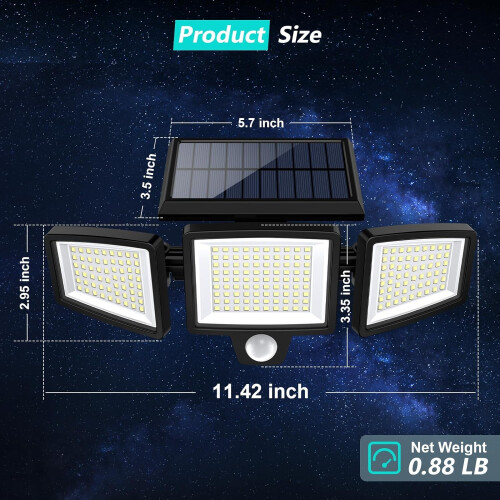 Luminária de segurança solar externa com 210 LEDs, 2500 lúmens e 3 cabeças. 2
