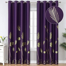Purple Blackout Curtains 52x84 in, Gold Wheat & Palm Print,