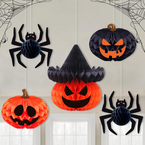 8pc 8" Honeycomb Paper Lanterns – Spider & Pumpkin